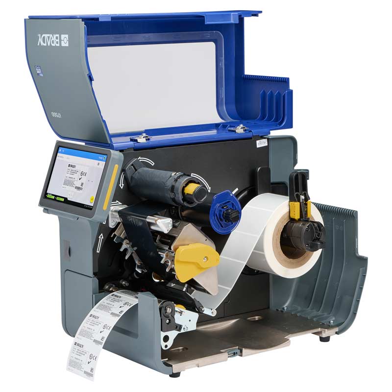 La impresora Brady i7500. Cubierta abierta, se ven los componentes del interior.