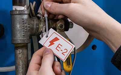 Una etiqueta sin adhesivo de fuente de energía en una máquina.