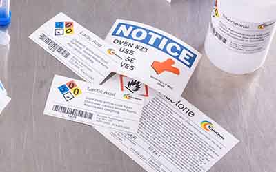 Diversas etiquetas de laboratorio de colores.