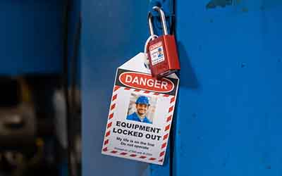 Un candado con una etiqueta sin adhesivo de advertencia.