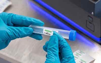 Un químico aplica una etiqueta a un vial de laboratorio.