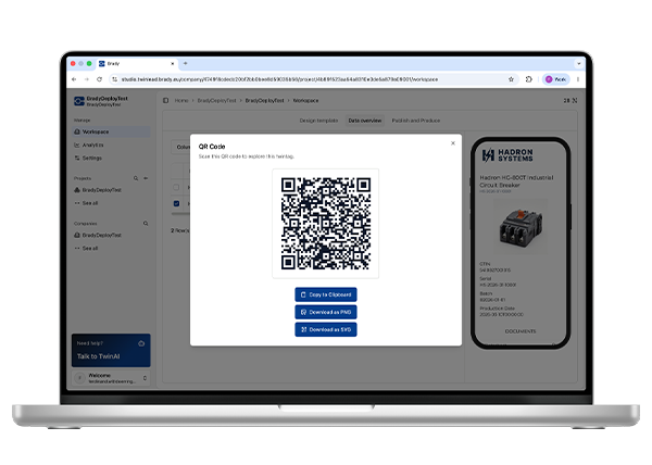 Cuadro de diálogo de generación de códigos QR de TwinLead con opciones de descarga