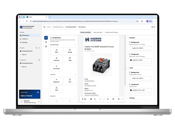 Espacio de trabajo de TwinLead Studio con componentes de arrastrar y soltar para diseñar una plantilla de producto