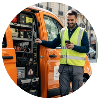 Instalador mirando el móvil con furgoneta de fondo