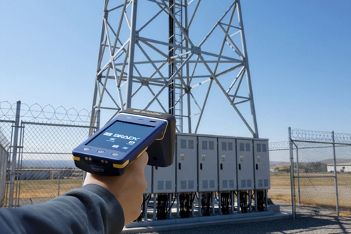 lector de mano está escaneando etiqueta en espacio exterior