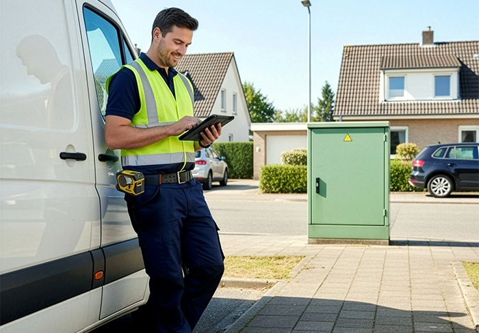 electricista al lado de su furgoneta con ilustración de teléfono